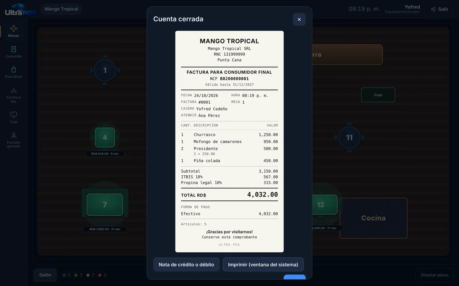 Factura para consumidor final con NCF impresa desde Ultra POS